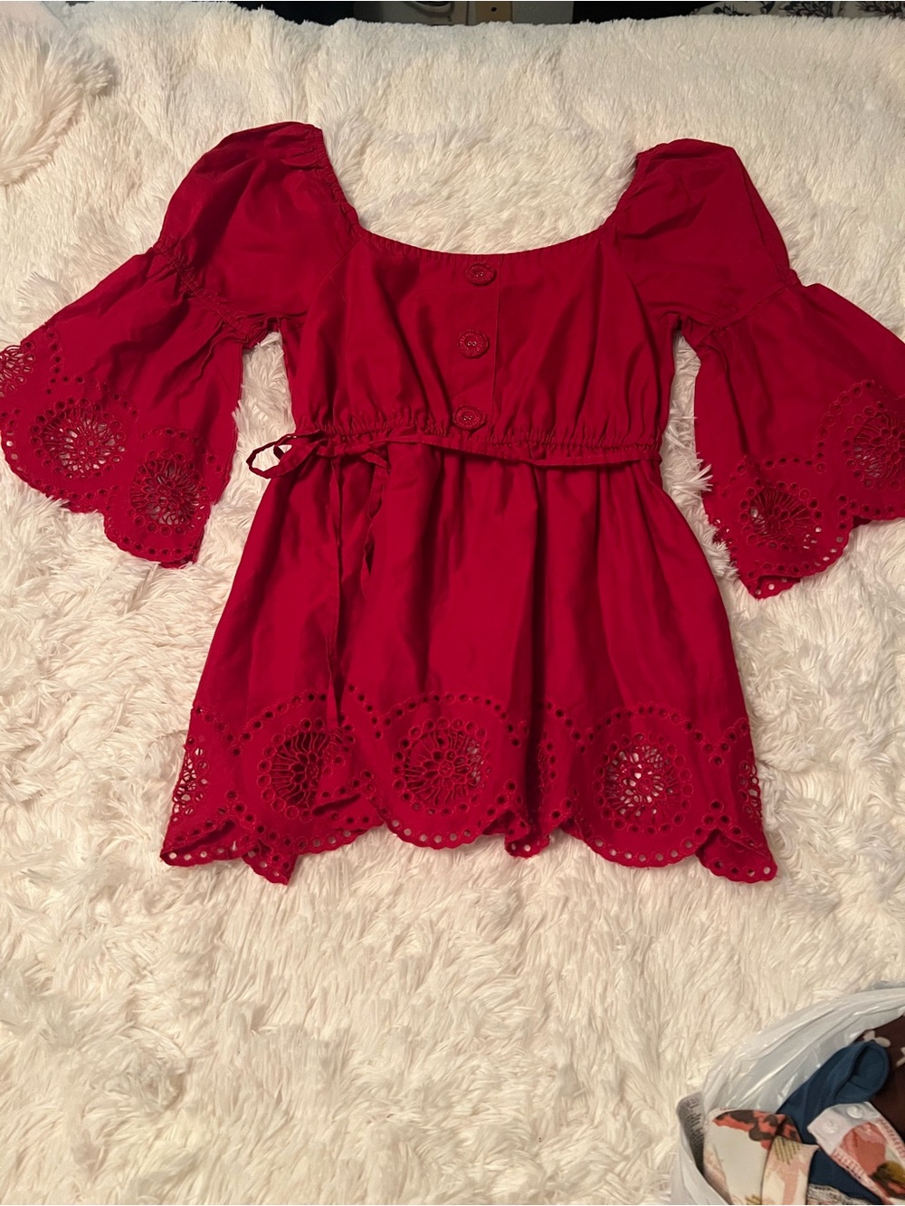 Fever Red Eyelet Tie-Waist Top